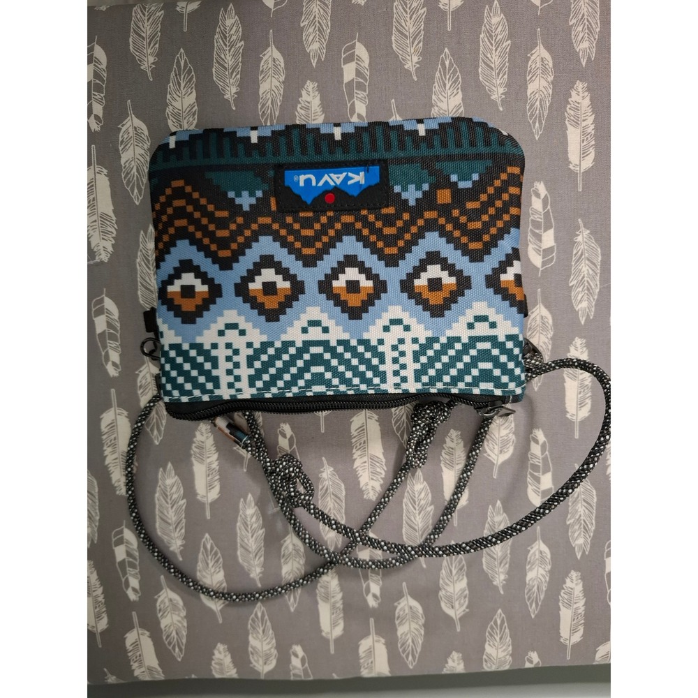 KAVU Keeper Crossbody Bag Blue Geometric Southwestern Canvas Rope Strap Pouch
